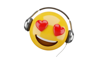 Yellow emoji with heart eyes and headphones isolated PNG, love and music concept for social media and graphic design on transparent background