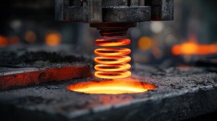 Medium shot of electric coil induction hardening equipment glowing as it applies intense heat to metal surface for enhanced strength and durability