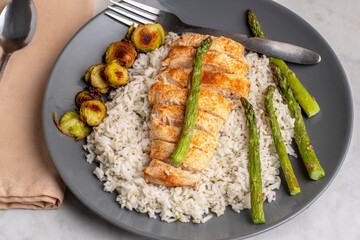 chicken breast  with rice  and roasted brussel sprouts