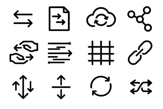 Digital Exchange Icons. Digital Exchange Icons linear set: data arrows, file transfer icon, cloud sync loop, peer-to-peer nodes, digital handoff, packet flow lines, exchange grid,