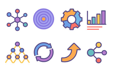 Vibrant Network Icons. Complexity Modeling Set flat set: network influence web, time-series ripple, adaptive-rule wheel, interaction coefficients bar, multi-level pattern icon,
