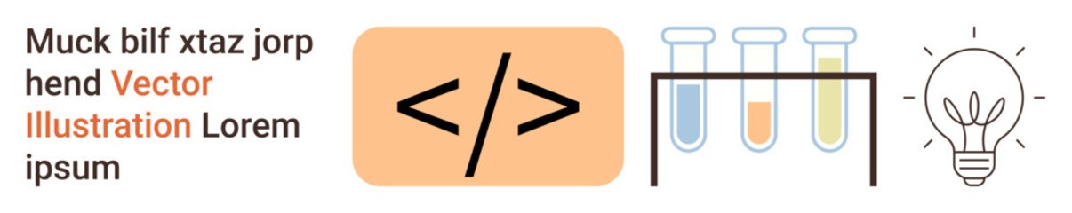 Tech development, innovation, programming, research, science education, design. Coding angle brackets, colorful test tubes and light bulb icon. Tech development and programming concept