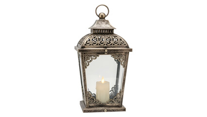 Fototapeta premium Ornate vintage metal lantern with lit candle isolated on transparent background