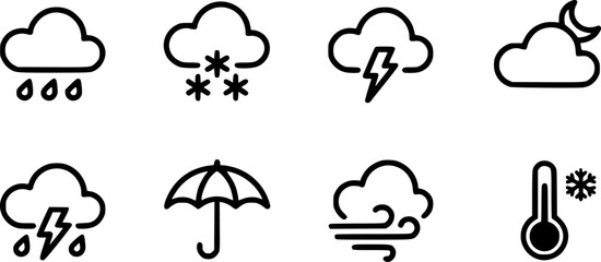 Collection of Weather Icons Rain, Snow, Thunderstorm, Night, Umbrella, Wind, Cold