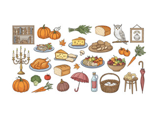 Thanksgiving dinner with seasonal vegetables and fruits