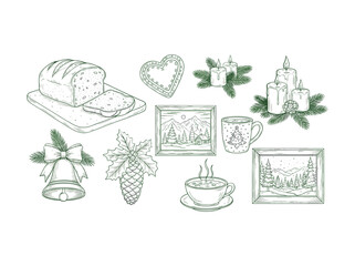 Christmas elements collection with tea and bread