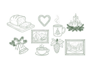 Christmas elements collection with bread and coffee