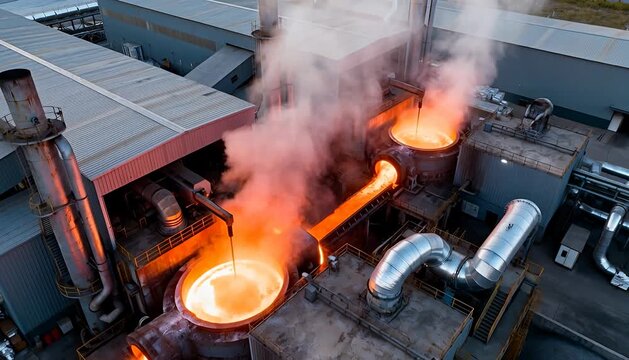 Molten metal processing in industrial foundry showing glowing hot liquid flow through channels, glow, orange.