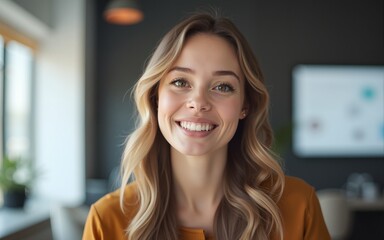 Confident smiling person speaking with clarity modern office portrait bright environment close-up positive communication. High quality