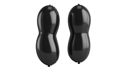 Two stylized, black, peanut-shaped objects are rendered on a black background with soft lighting creating gentle highlights