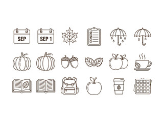 Autumn season icons set with calendar and coffee cup