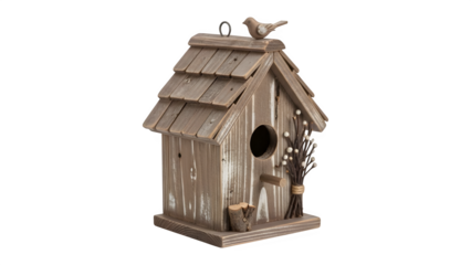 Rustic wooden birdhouse with small bird figure isolated on transparent background