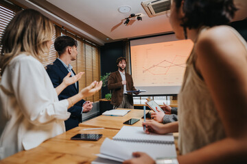 A diverse team discusses data shown on a projector, gathered around a wooden table. The scene conveys professional collaboration, presentation, and strategic planning in a bright office.