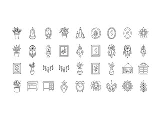 Collection of simple line art icons for home decor and furniture
