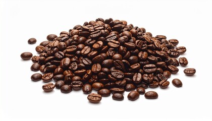 Pile of roasted coffee beans isolated. Suitable for coffee shop posters, packaging design, blog headers, social media posts.