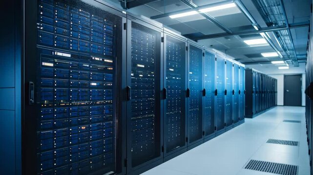 Long row of functional rack servers in modern server room or data center. IT infrastructure and network equipment for cloud computing.