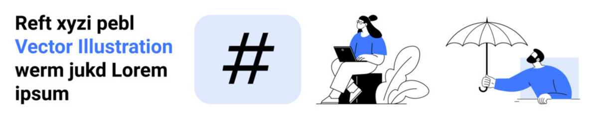 Elements include a person working on a laptop, resting under an umbrella, and a metadata tag symbol. Ideal for teamwork, productivity, freelancing, relaxation, digital tools, minimalism simple