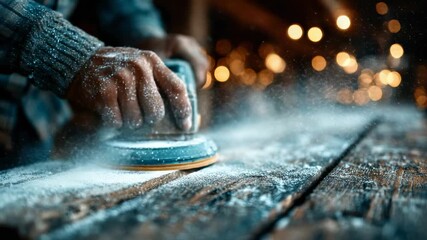 Hand sanding wood surface in workshop with warm lights and focus on craftsmanship