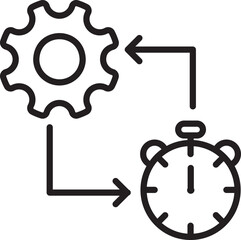 Black and white icon of gear and stopwatch linked by arrows. Ideal for workflow, time management, and productivity visuals.