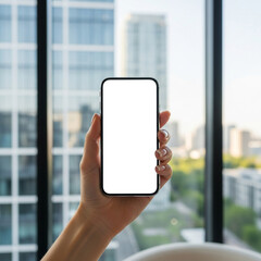 A woman's hand holds a smartphone with a blank white screen against a bright, green city park view. An eco-friendly or wellness app mockup.