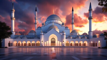 Majestic white mosque with minarets and domes at sunset, front view