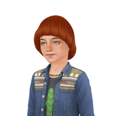 A beautiful child with funny ginger hair and jacket in retro 80s style, isolated portrait