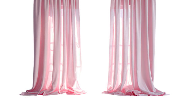 Pair of soft, flowing pink curtains partially obscuring a window against a stark black background