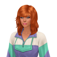 A beautiful young ginger woman, casually dressed, with a retro 80s hairstyle, isolated portrait