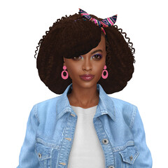 A beautiful young black woman with big curly hair in retro 80s style, isolated portrait