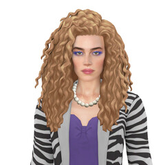 A beautiful young woman with long, posh curly hair in retro 80s style, isolated portrait