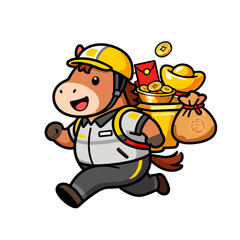 Naklejka premium [Vector EPS]Cartoon horse character running carrying gold ingots and money bags
