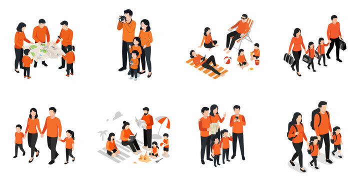 Isometric Illustration of Family Activities on Holiday Vacation Set Bundle