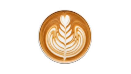 Latte art isolated PNG, coffee drink with heart and leaf pattern on transparent background, cafe beverage for menu and design