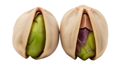 Two pistachios isolated PNG, one with green nut and the other with purple nut, healthy snack on transparent background