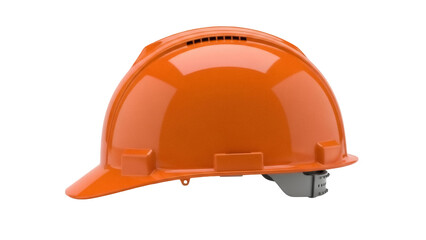 Orange construction hard hat PNG isolated on transparent background, safety helmet for construction site and industrial work