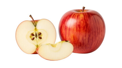 Red apple with slice and half isolated PNG, fresh fruit on transparent background, healthy eating and natural food concept