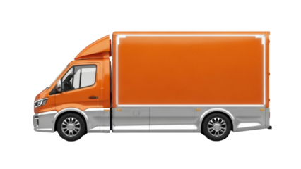 Orange delivery van PNG isolated on transparent background, commercial vehicle for logistics and transportation services