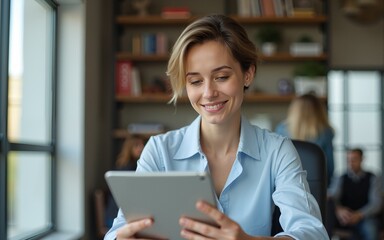 Fototapeta premium Close up of a charming satisfied professional short hair manager woman sitting in the office and looking in a tablet. High quality