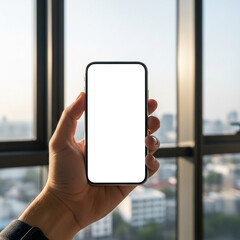 A hand in a business suit holds a smartphone with a blank white screen against a sunset city view. An elegant and professional mockup for an app or website.