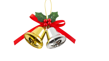 Gold and silver Christmas bells with red ribbon and holly gold bells silver bells