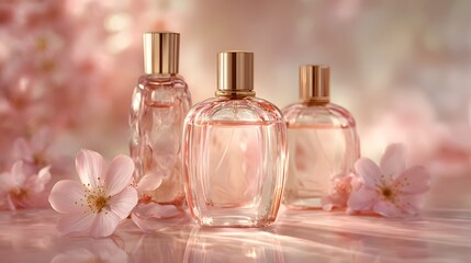 Elegant Perfume Bottles Surrounded by Delicate Pink Cherry Blossoms.