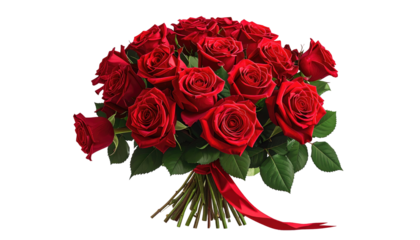 A vibrant bouquet of deep red roses tied with a matching ribbon, contrasted against a black background