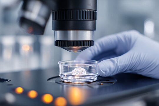 Lab technician uses gloved hands to inspect a lab-grown diamond under a microscope in a laboratory