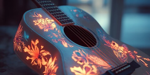 Floral Guitar: A close-up view unveils a beautifully crafted guitar adorned with intricate floral designs, illuminated with a warm and inviting glow. A harmonious blend of art and musical expression.