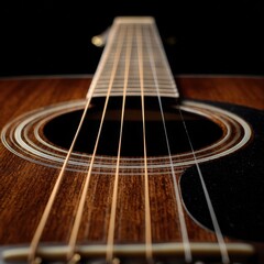 Fototapeta premium Guitar's Soul: A close-up view captures the intricate details of a classic acoustic guitar, with the strings and soundhole taking center stage, inviting you to embrace the music.