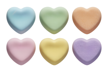 Six pastel colored heart shapes are perfectly isolated and arranged on a transparent background, available as a clean png file.