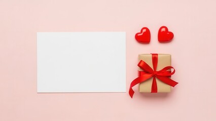 Blank card with gift box and red hearts on a pink background for Valentines Day.