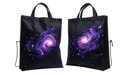 Two black tote bags showcase a swirling galaxy pattern in vibrant purples and pinks against a starry background