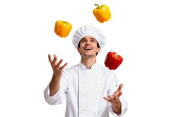 [Transparent Background PNG]Cheerful chef juggling colorful bell peppers in a playful manner