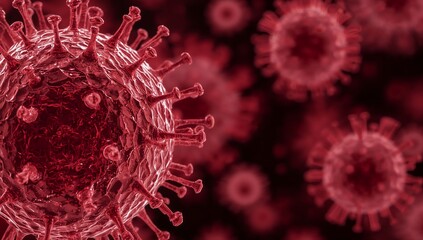 a close-up, detailed view of the ominous microscopic virus cells, evoking a sense of concern and scientific interest